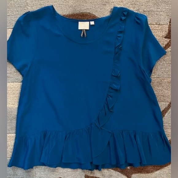 Anthropologie | HD in Paris Short Sleeve Silk Ruffle & Peplum Top Peacock Blue - Picture 2 of 6